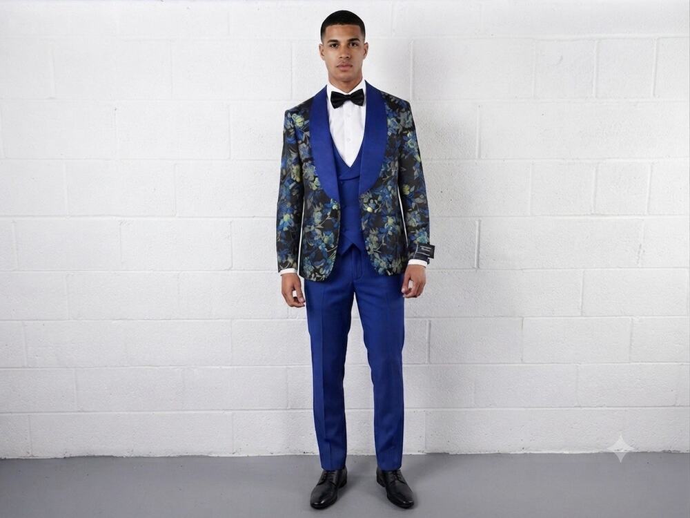 Pietro Scarlatti Mens Suit Tuxedo US 38 EU 48 Floral Blazer Vest Pants Blue T4